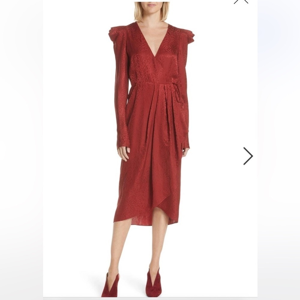 ALC Carolina Puff Sleeve Silk Jacquard Wrap Dress in Red